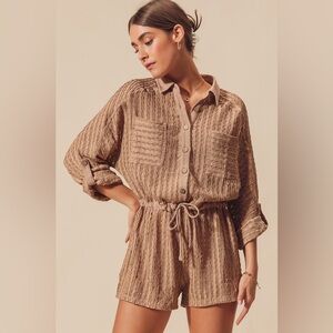 Beige Textured Button-Up Romper with Drawstring waist NWT